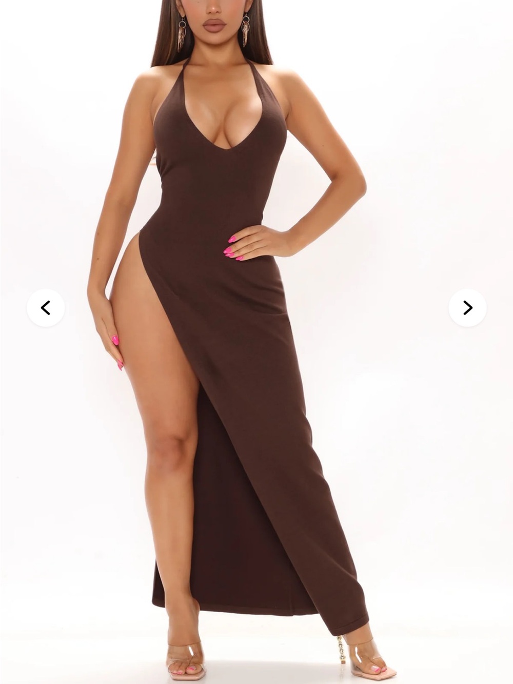 Fashion Nova Brown Halter-Slit Maxi Dress